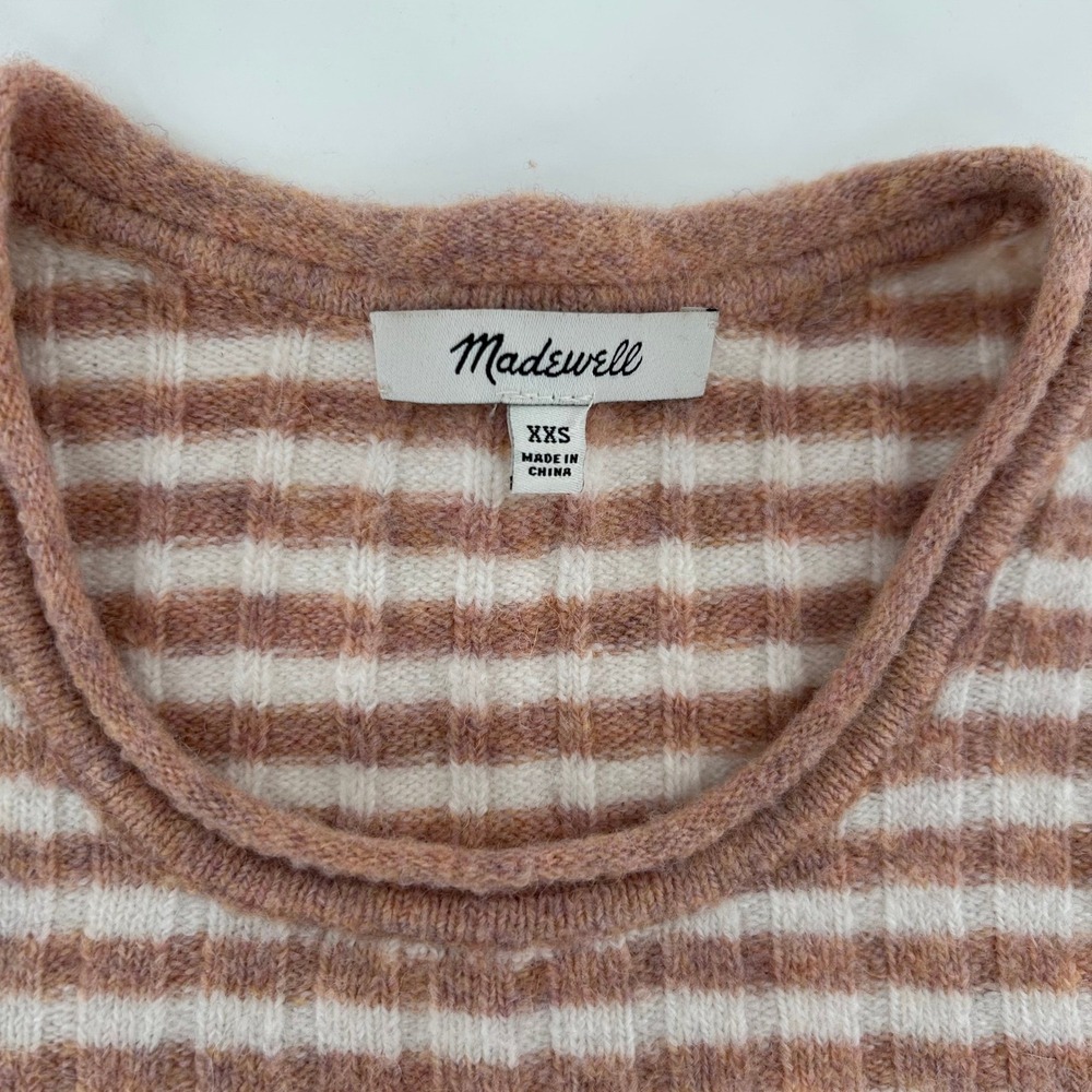 Madewell Womens Striped Ribbed Knit Long Sleeve Crew Neck Sweater‎ XXS Tan White - Picture 9 of 16